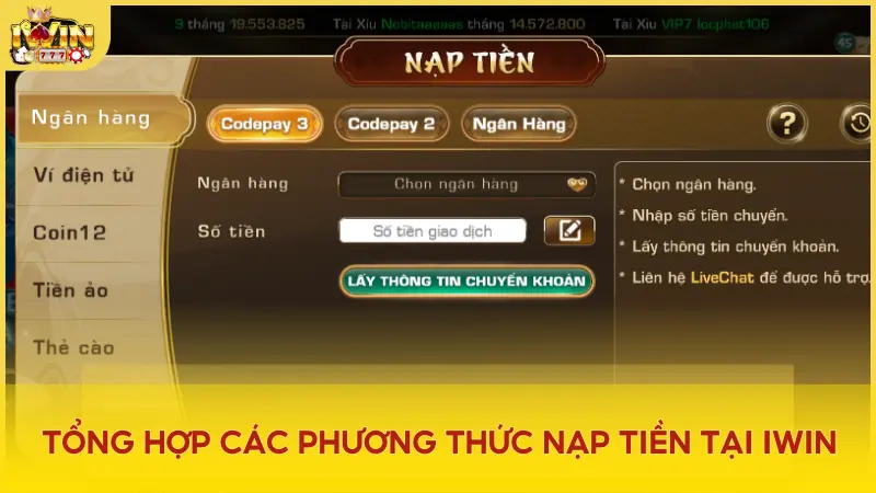 Các phương thức nạp tiền đang hiện hành tại cổng game Iwin